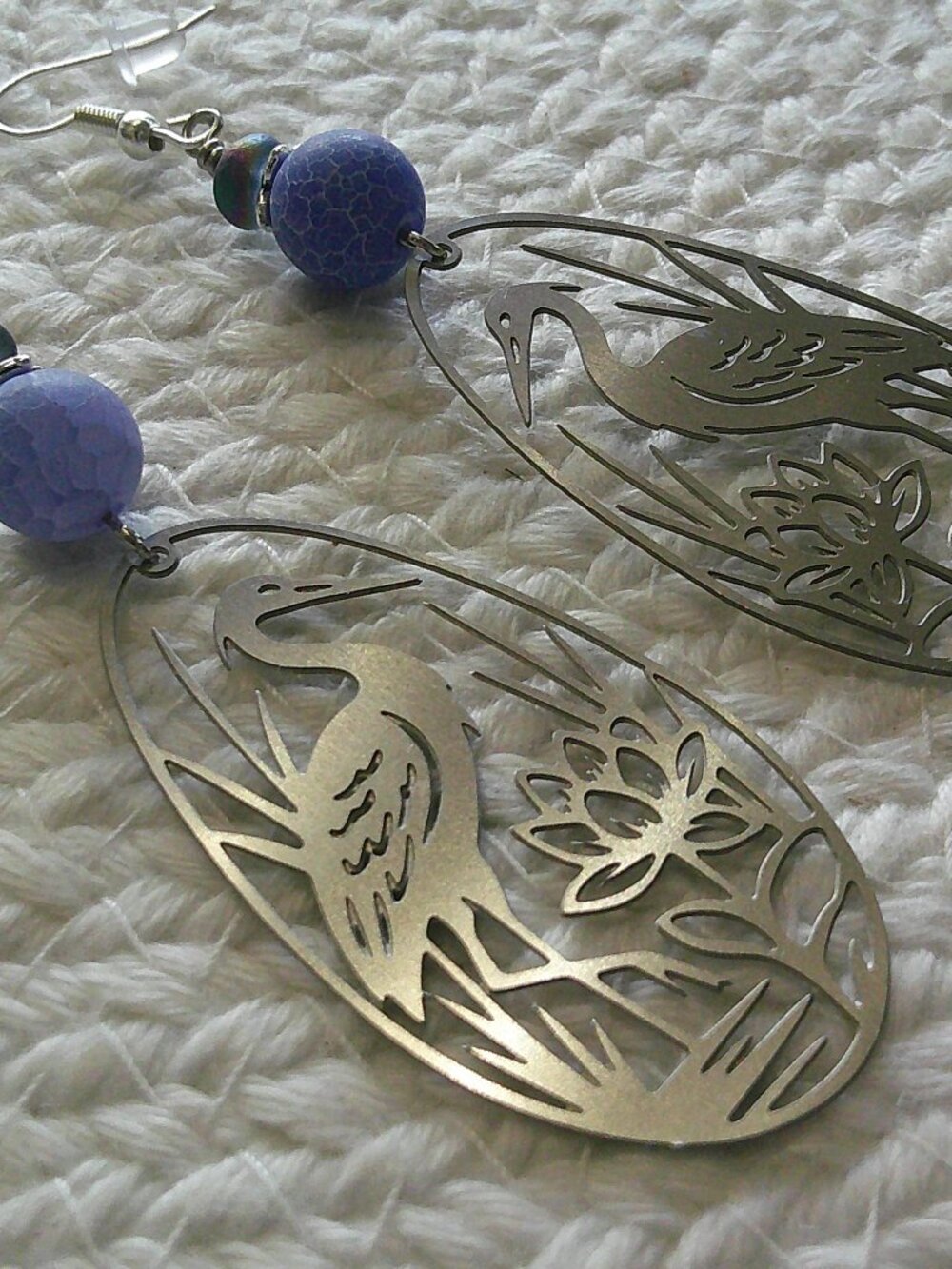 Stunning BLUE CRACKLE GLASS LASER HERON Handmade Silver Earrings #918E